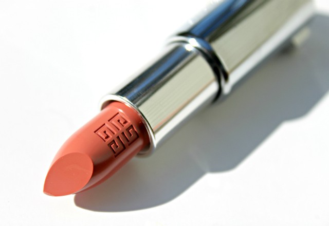 Givenchy Le Rouge Beige Plume #102 Swatch, Review, lipstick in silver bullet case, best peachy nude