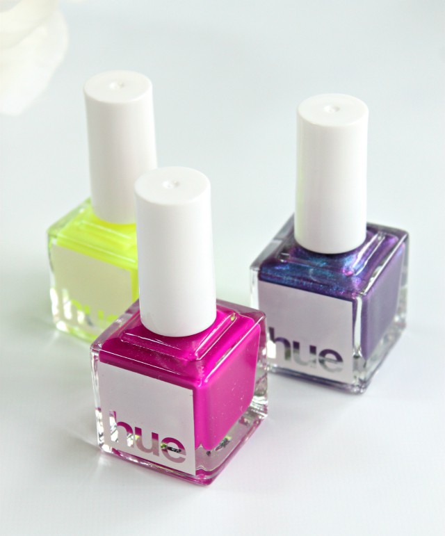 SquareHue July 2015 Review & Swatches: We received three nail polishes inspired by the 60s - a matte neon yellow, matte neon fuchsia, and a blue-purple duochrome >> https://glamorable.com | via @glamorable