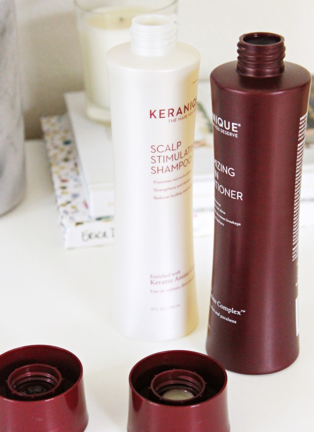 Keranique hare care review: Scalp Stimulating Shampoo and the Volumizing Keratin Conditioner to treat fine, flat, thinning hair. Read more at >> www.glamorable.com | via @glamorable #keraniquehair #ifabbomember