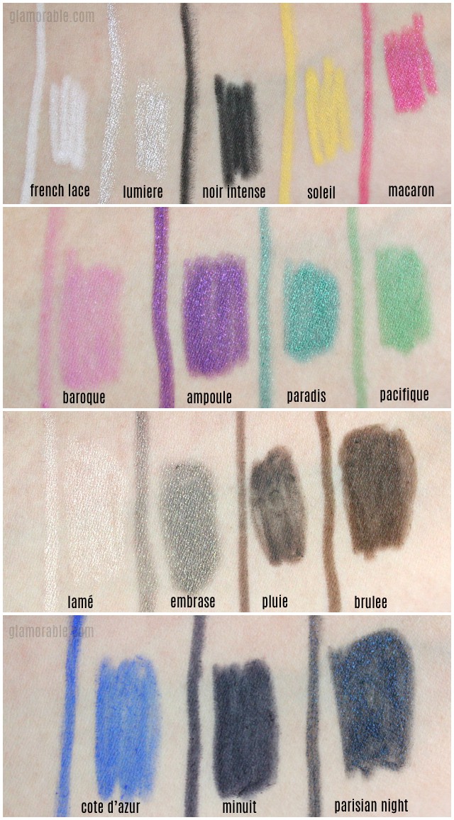 Bright eye makeup look, review, and swatches of all 16 Lancome Drama Liqui-Pencils. Read more at >> www.glamorable.com | via @glamorable