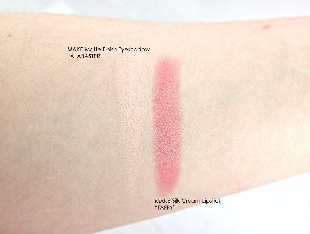 MAKE Silk Cream Lipstick in Taffy, MAKE Matte Finish Eyeshadow in Alabaster, MAKE makeup Review