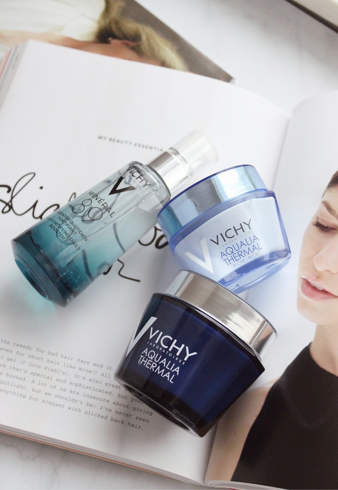 Best French pharmacy products for dry and dehydrated skin & Vichy skincare review - Mineral 89 Hyaluronic Acid Face Moisturizer, Aqualia Thermal Rich Cream, Aqualia Thermal Night Spa Replenishing Anti-Fatigue Sleeping Mask - via @glamorable #skincare #vichy #frenchbeauty #parisianbeauty #frenchskincare #frenchpharmacy