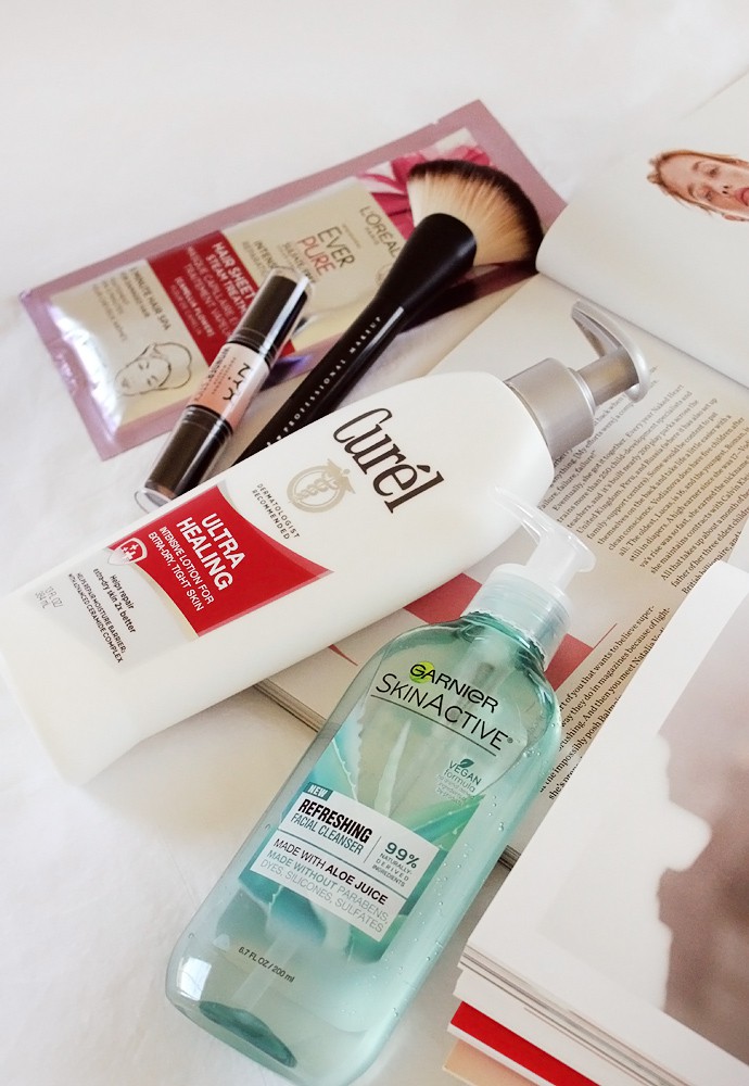 Best New Drugstore Products - Garnier SkinActive Refreshing Facial Cleanser - Curél Ultra Healing Intensive Lotion for Extra Dry Skin  - NYX Wonder Stick Light Swatch - NYX Pro Fan Brush - L'Oreal EverPure Intense Repair Hair Sheet Mask | read more at glamorable.com
